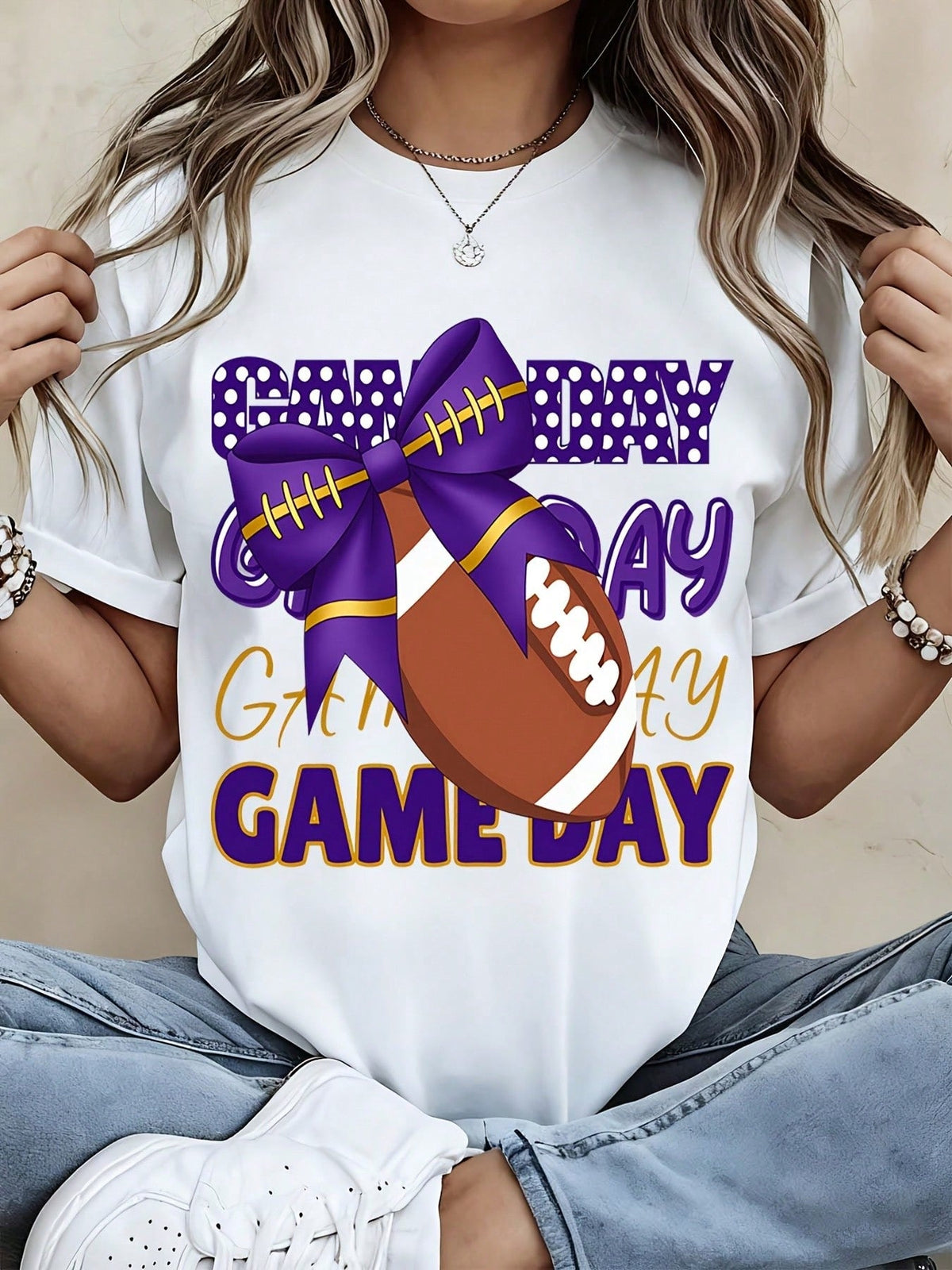 Women's Shirt Game Day Football Print Purple Bow Graphic Tee Casual Fall Sports Fan Gift For Her