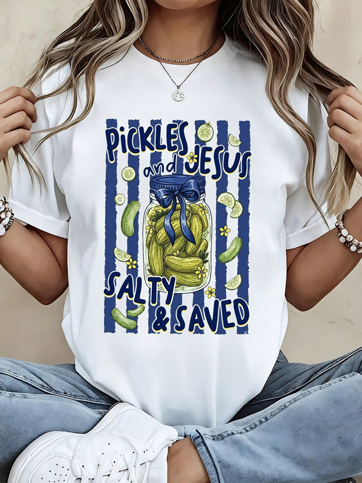 Funny Christian Graphic Tee Women Pickles And Jesus Salty And Saved Print Casual TShirt