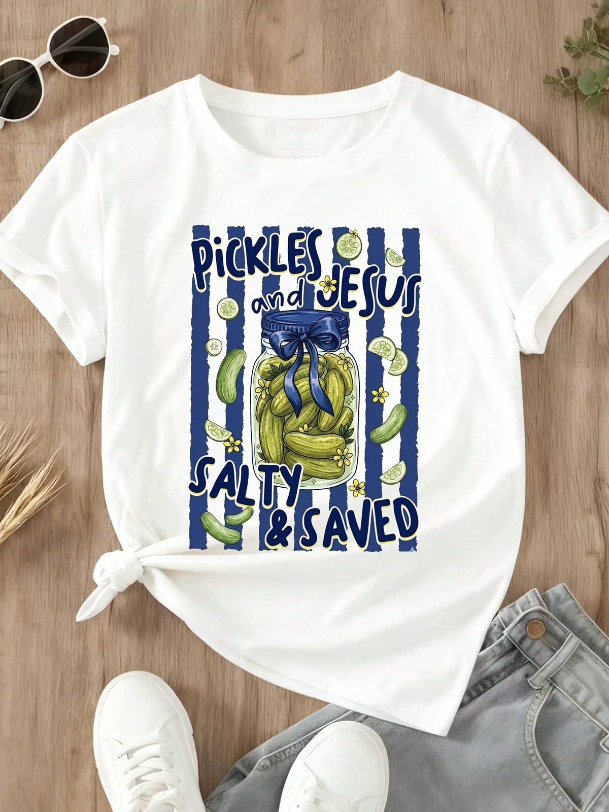 Funny Christian Graphic Tee Women Pickles And Jesus Salty And Saved Print Casual TShirt