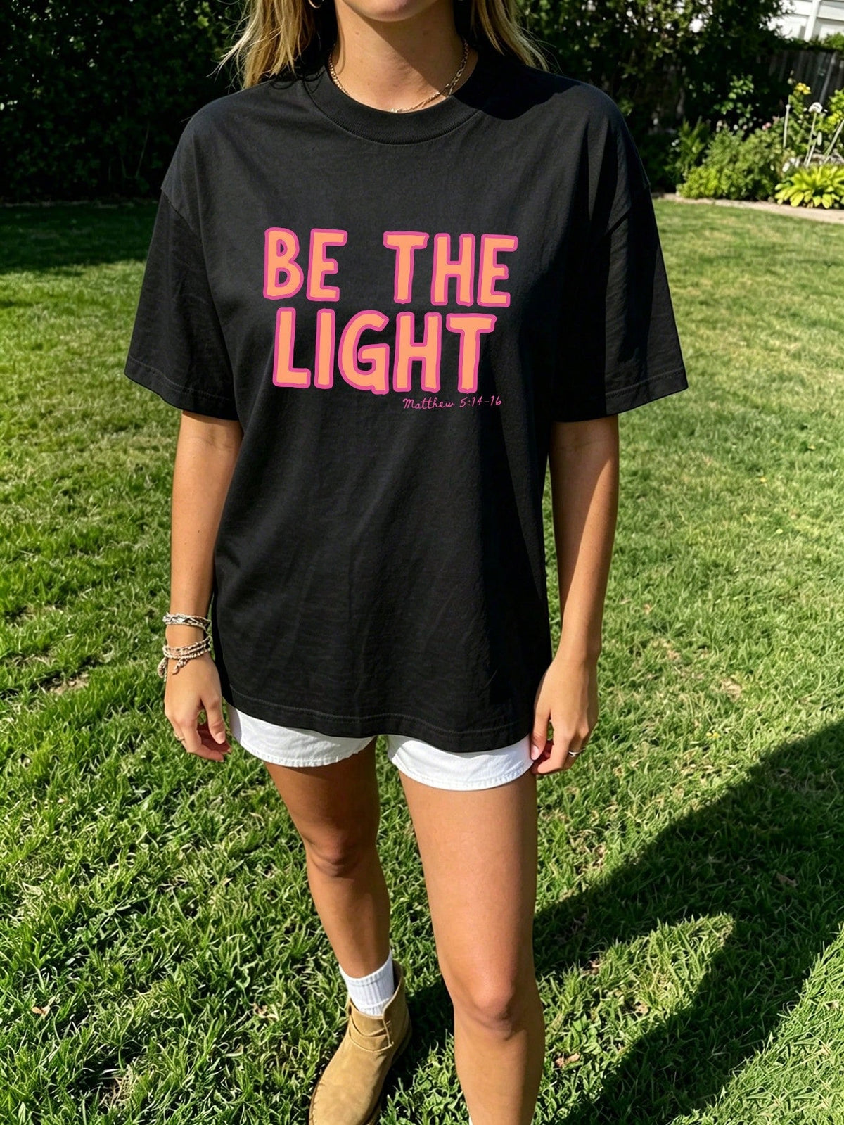 Be The Light Matthew Christian Faith Graphic Tee Religious Bible Verse Short Sleeve Women T-Shirt