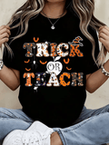 Trick Or Teach Halloween Teacher Shirt Women's Funny Costume Tee Orange Black Witch Hat Design Autumn Festival Wear