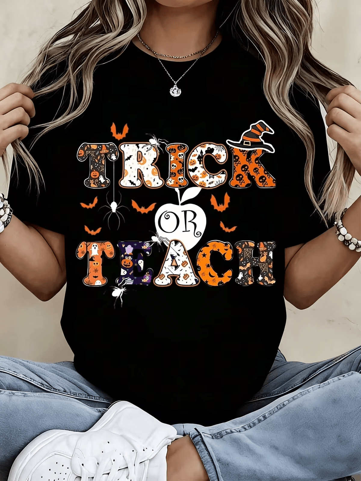 Trick Or Teach Halloween Teacher Shirt Women's Funny Costume Tee Orange Black Witch Hat Design Autumn Festival Wear
