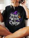 Women's Head Witch In Charge Graphic T‑Shirt, Funny Witch Hat Bat Moon Spider‑Web Halloween Short‑Sleeve Crew‑Neck Casual Holiday Tee