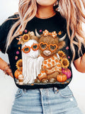 Adorable Fall Highland Cow Ghosts, Halloween Horror Season, Fall Cow Shirt Ghost Sublimation Pattern, Fall Pumpkin Cow Lovers