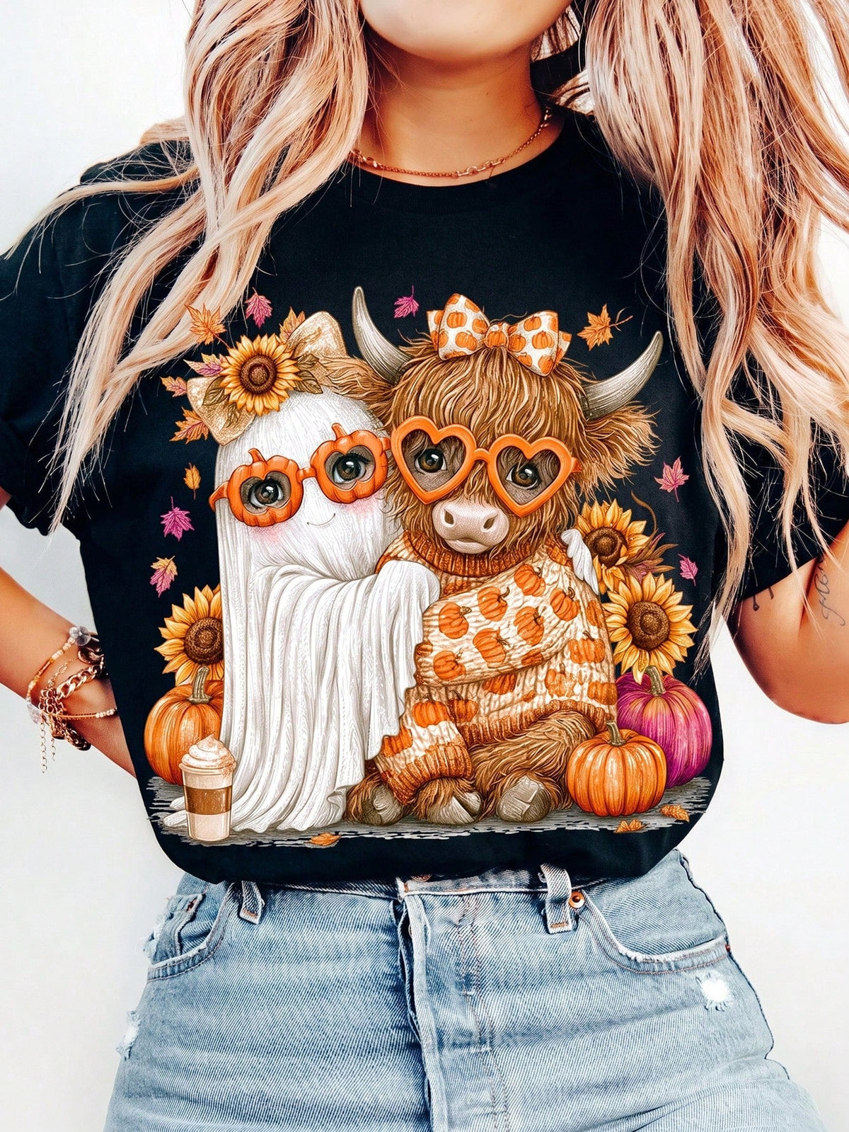 Adorable Fall Highland Cow Ghosts, Halloween Horror Season, Fall Cow Shirt Ghost Sublimation Pattern, Fall Pumpkin Cow Lovers