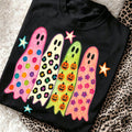 Retro Halloween Ghost Graphics Tee Colorful Pumpkin Leopard Print Top Funny Spooky Preppy Casual Crewneck Short Sleeve Shirt Women
