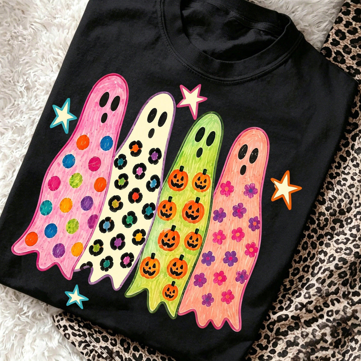 Retro Halloween Ghost Graphics Tee Colorful Pumpkin Leopard Print Top Funny Spooky Preppy Casual Crewneck Short Sleeve Shirt Women