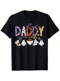 1 Pc Halloween Men's Clothing Daddy Ghost Printed Black Cotton Tshirt, Casual Crew Neck Top, Unisex Style, 5XL Wear