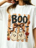 Striped Boo Cherry Ghost Women's T-Shirt Casual Funny Halloween TShirt Spooky Vibes Spooky Halloween Gift Round Neck Casual Tees