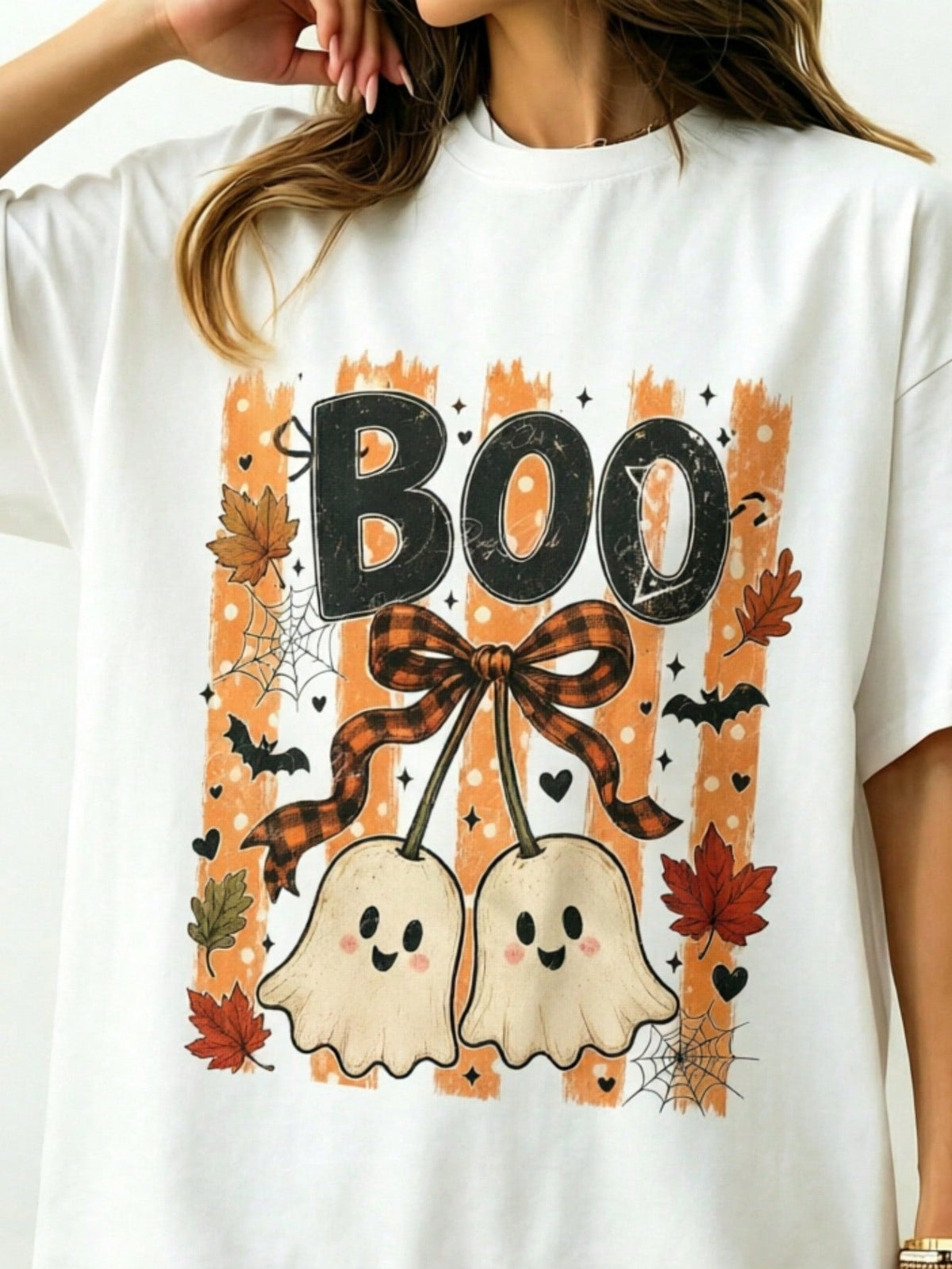 Striped Boo Cherry Ghost Women's T-Shirt Casual Funny Halloween TShirt Spooky Vibes Spooky Halloween Gift Round Neck Casual Tees