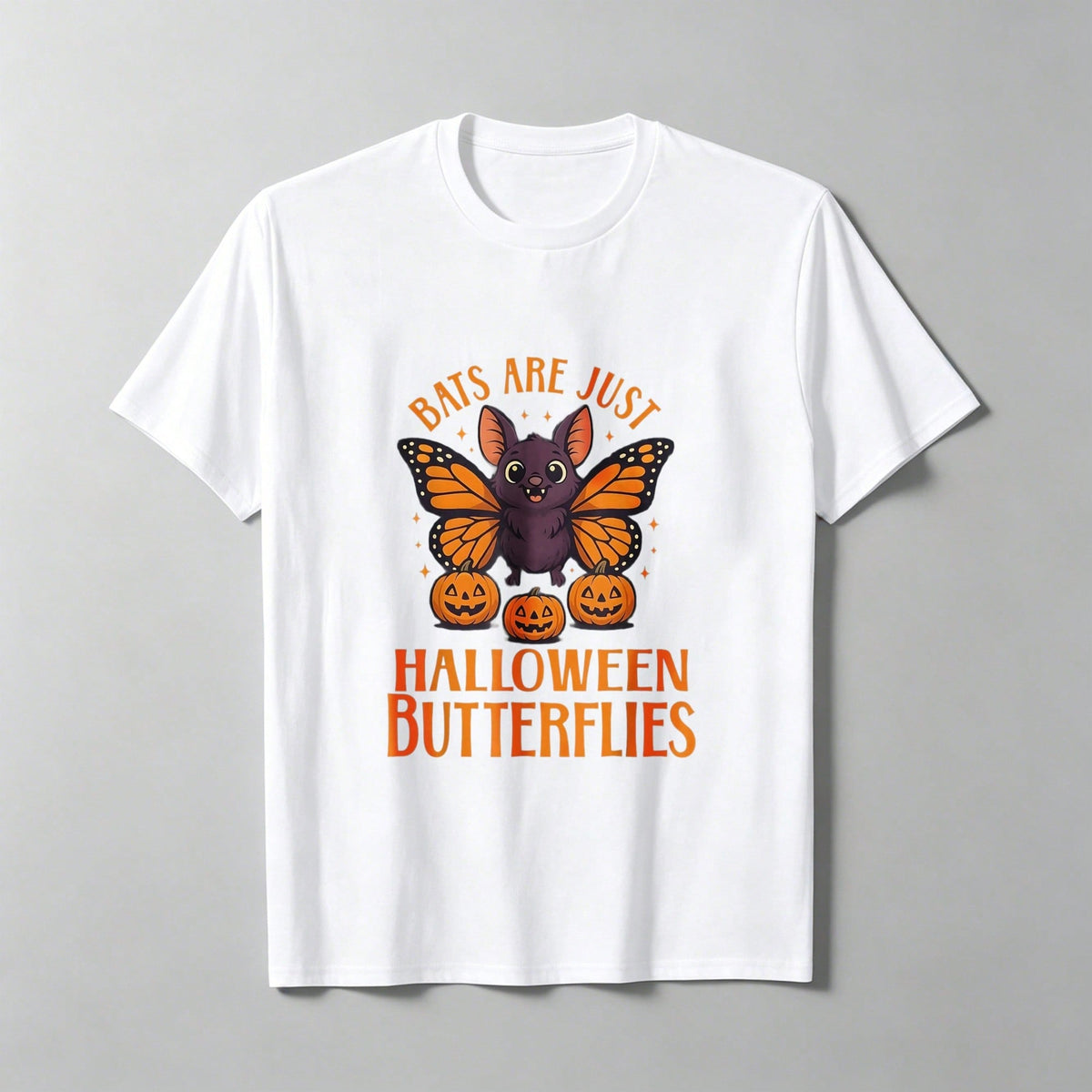 Women's Bats Are Just Halloween Butterflies Graphic T‑Shirt, Cute Cartoon Bat Butterfly Jack‑O'‑Lantern Pumpkin Short‑Sleeve Crew‑Neck Spooky Fall Holiday Tee