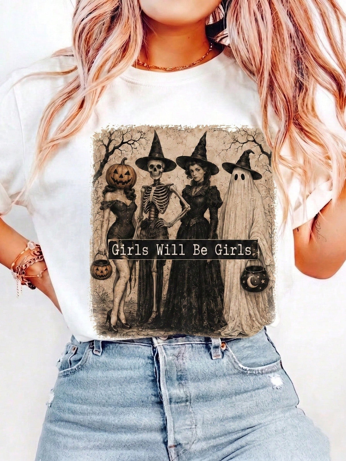 Halloween Spooky Girls Squad, Girls Are Girls, Retro Witch Skull Ghost Pumpkin Headdress Design