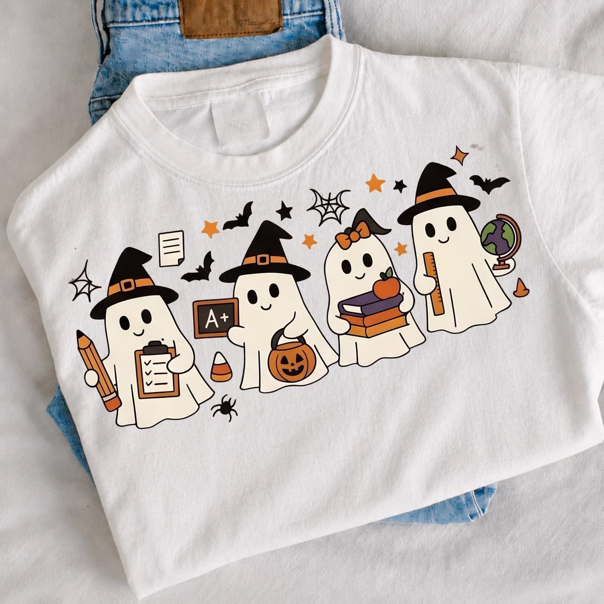 Halloween School Teacher Ghost Graphic Print Short Sleeve T-Shirt Fall Outfit For Women Top
