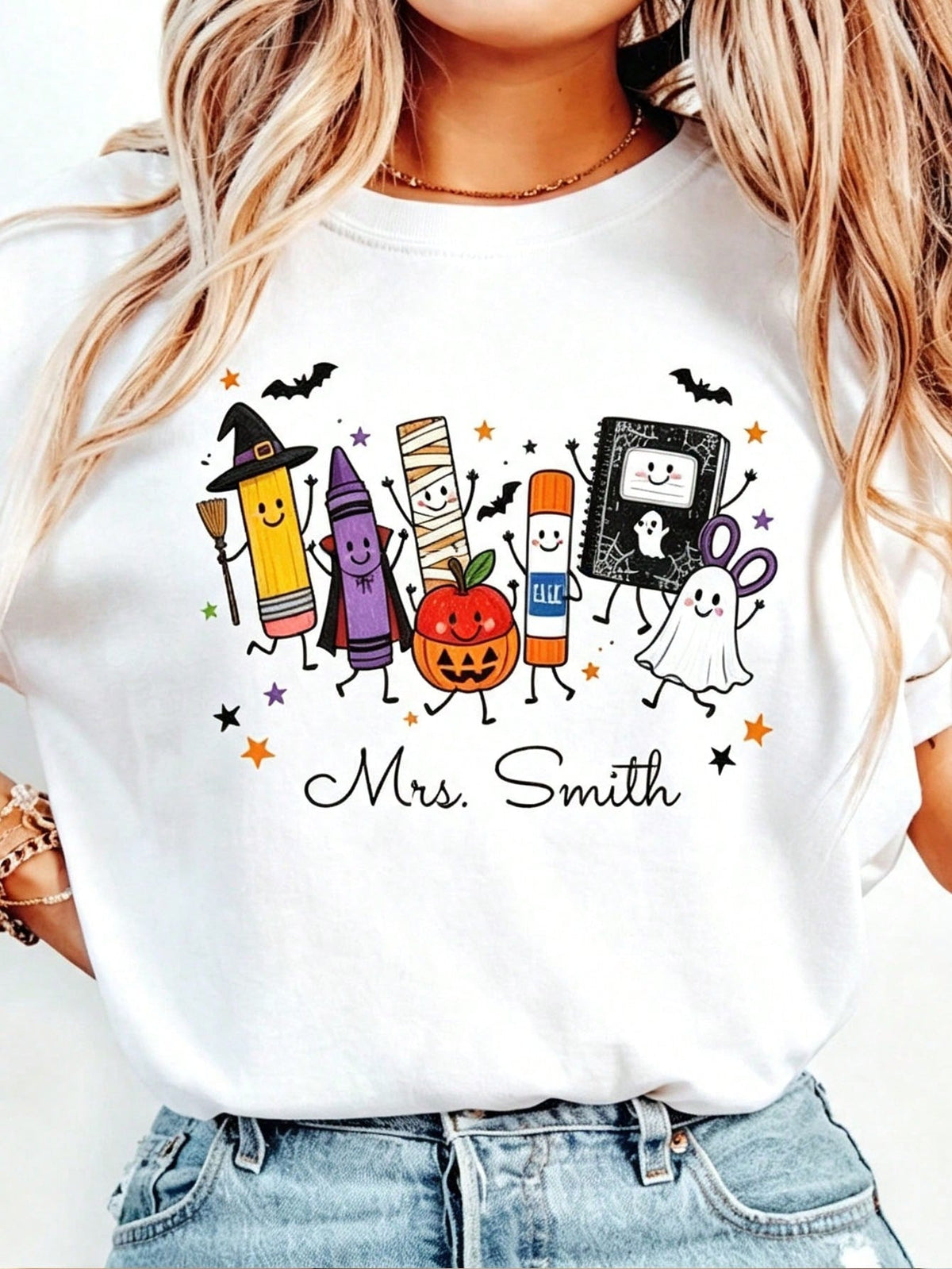 Custom Halloween Teacher Shirt, Funny Teacher Life Tee, Spooky School Supplies, Back To School Gift Cute Ghost Preschool Tee, Funny T-Shirt
