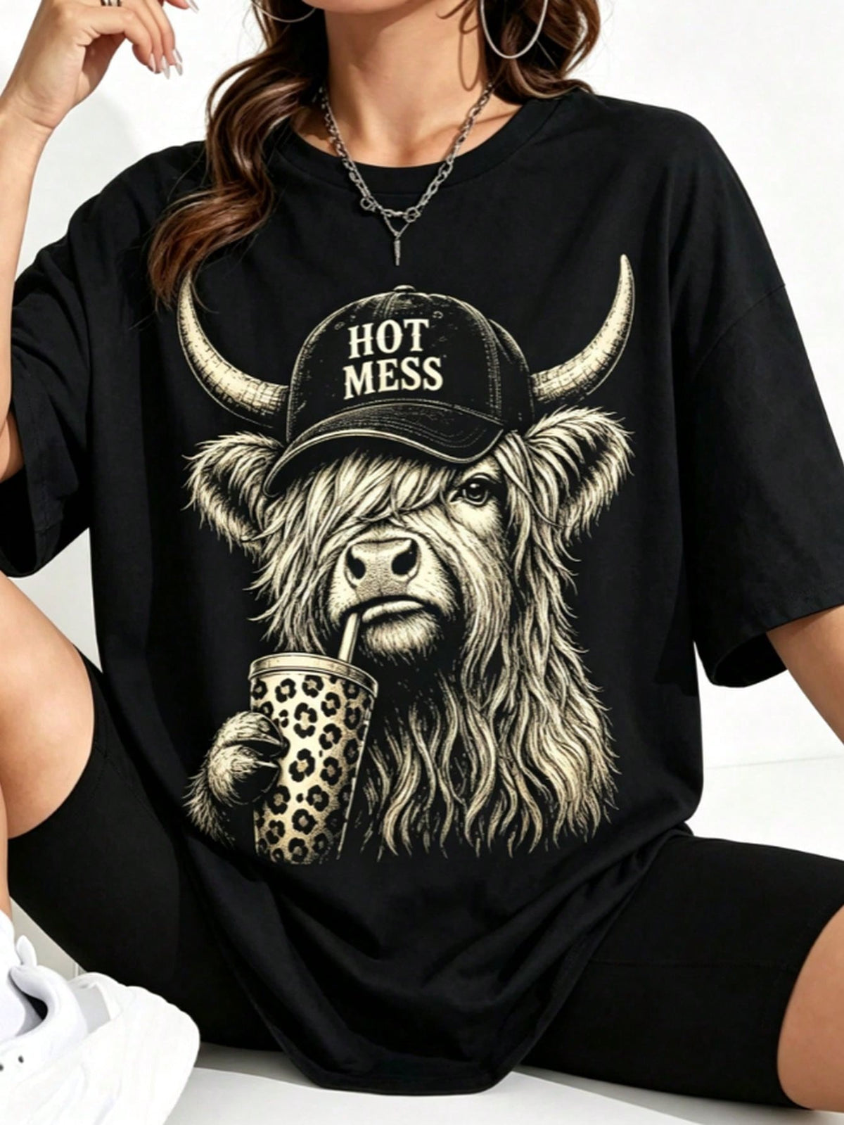 Funny Highland Cow Graphic TShirt, Hot Mess Coffee Lover Animal Print Short Sleeve TShirt, Cute Farm Cow Casual Crew Neck TShirt