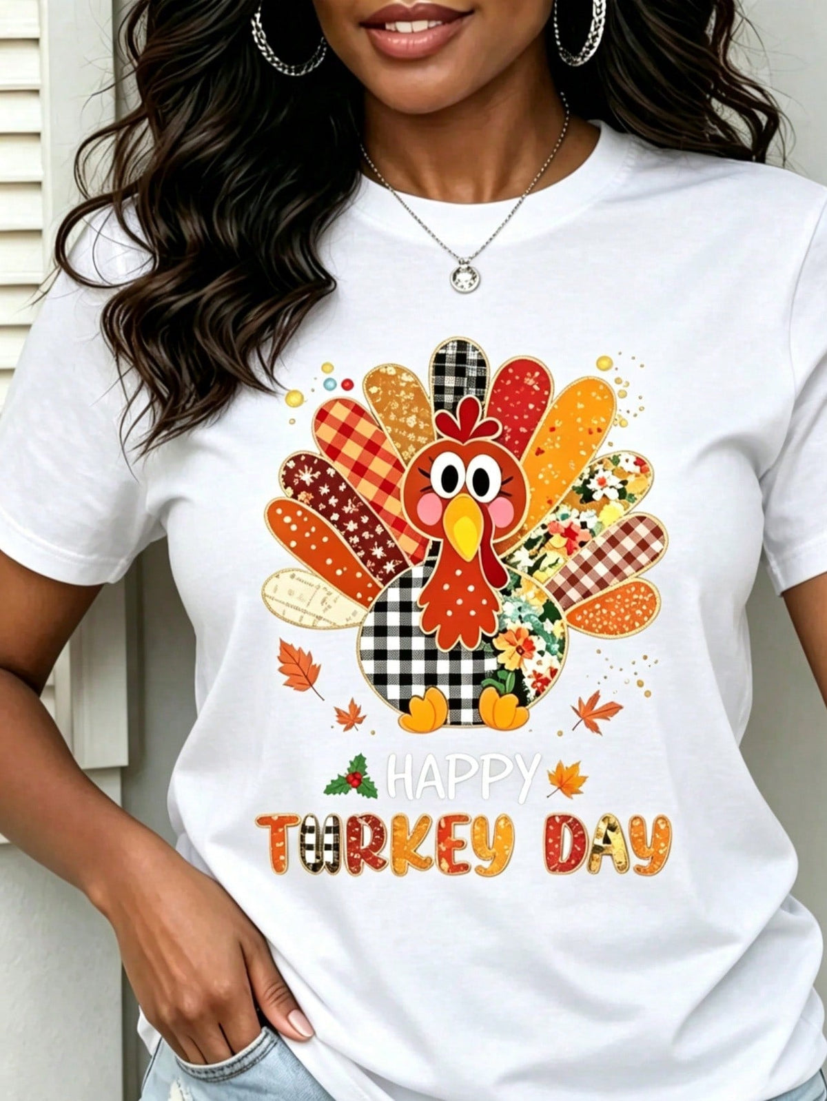 Unisex Thanksgiving Crew Neck Tee, Plaid Floral Patchwork Turkey Graphic, "Happy Turkey Day" Letter Print Short Sleeve Loose Fit Fall Top