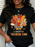 Unisex Thanksgiving Crew Neck Tee, Plaid Floral Patchwork Turkey Graphic, "Happy Turkey Day" Letter Print Short Sleeve Loose Fit Fall Top