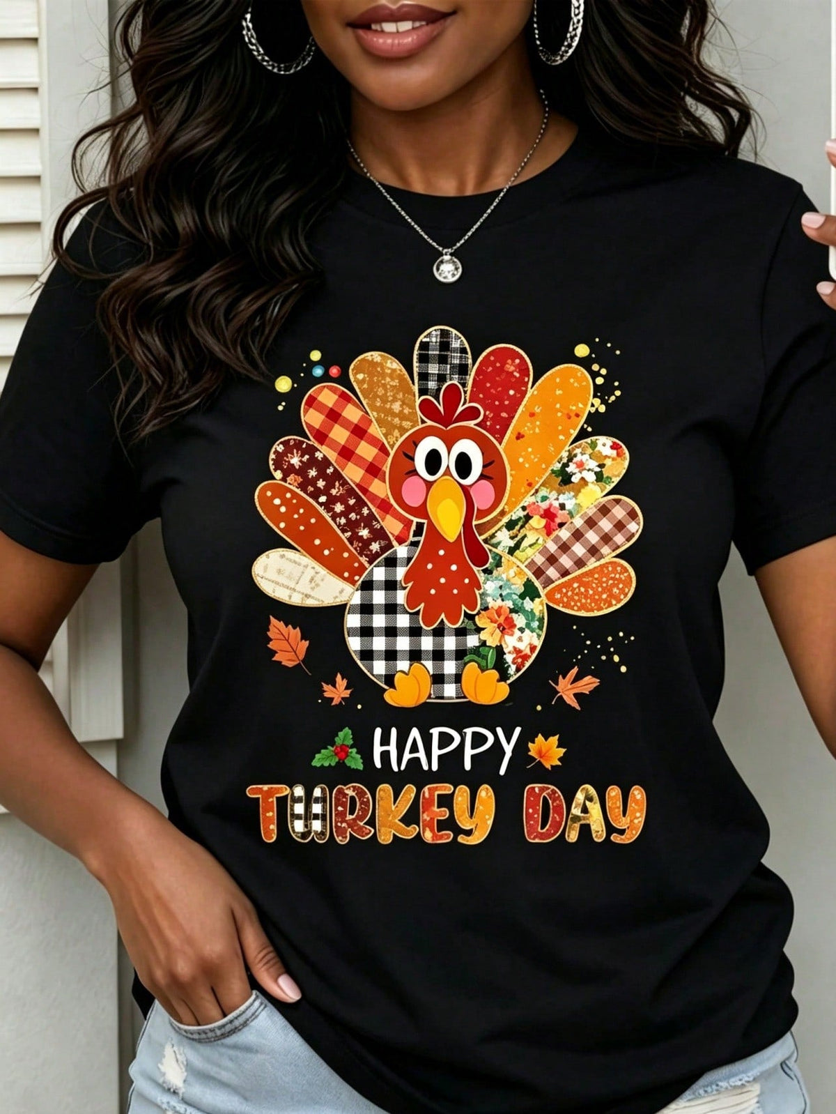 Unisex Thanksgiving Crew Neck Tee, Plaid Floral Patchwork Turkey Graphic, "Happy Turkey Day" Letter Print Short Sleeve Loose Fit Fall Top