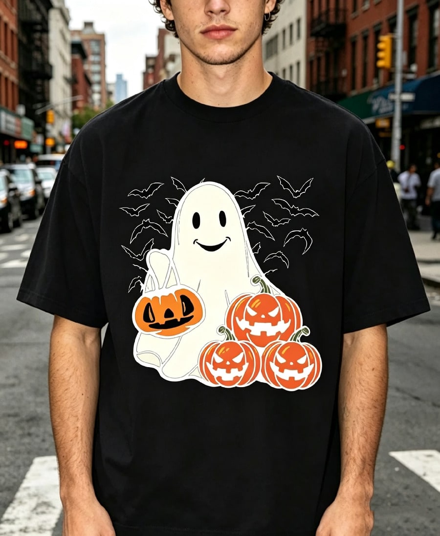 Halloween Unisex Tee, Cute Ghost Pumpkin Bat Graphic Casual Short Sleeve T‑Shirt