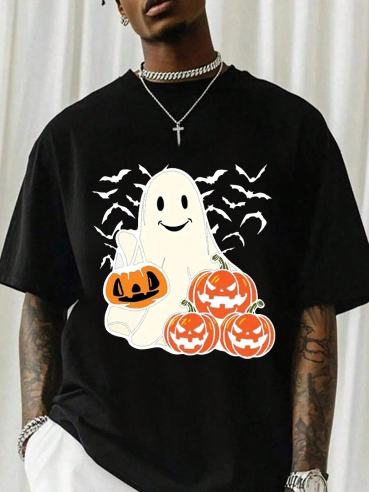 Halloween Unisex Tee, Cute Ghost Pumpkin Bat Graphic Casual Short Sleeve T‑Shirt
