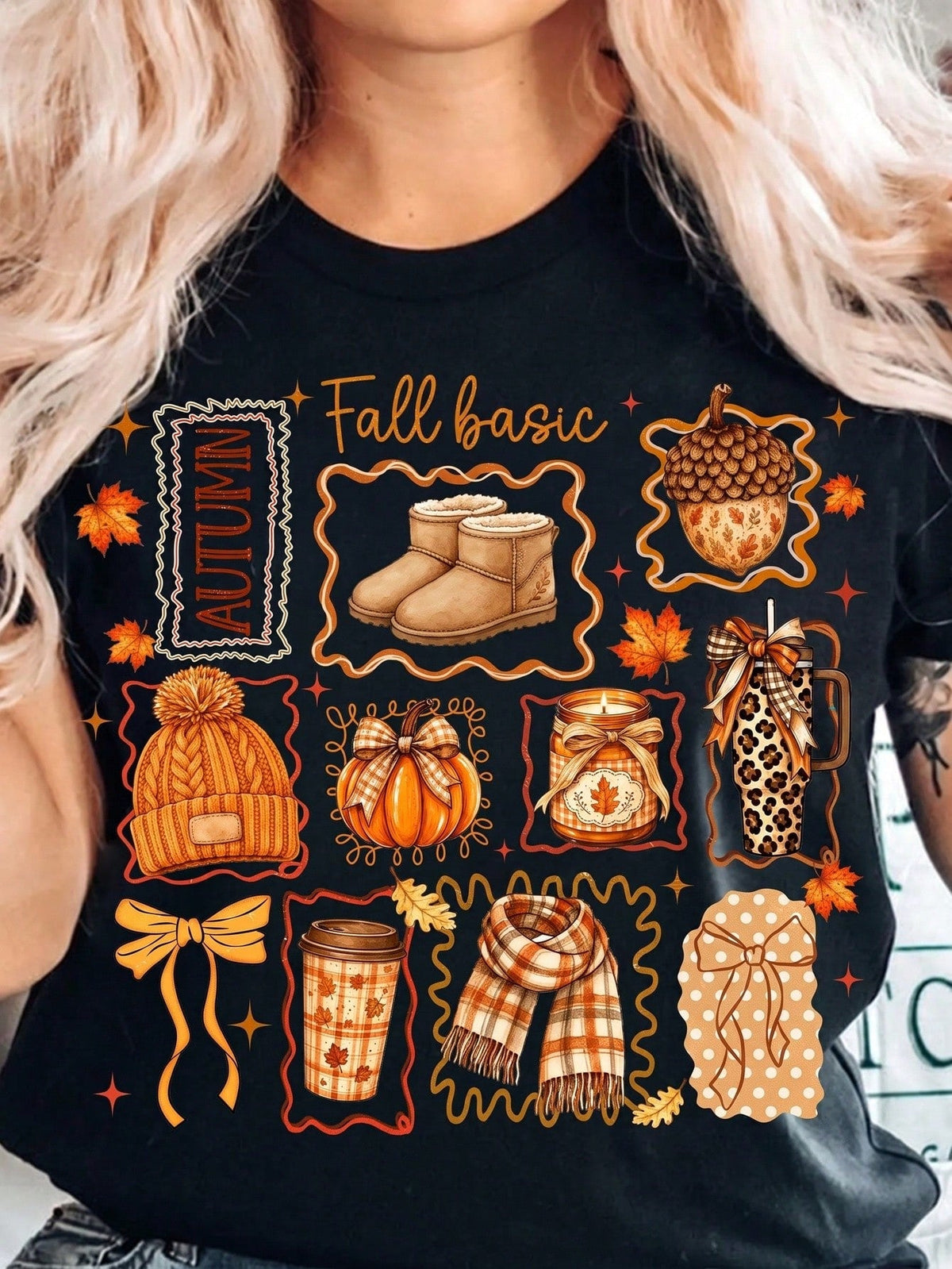 Autumn Fall Lover Casual Short Sleeve Tee, Fall Basic Retro Collage Pumpkin Acorn Leopard Tumbler Fall Season Printed T‑Shirt