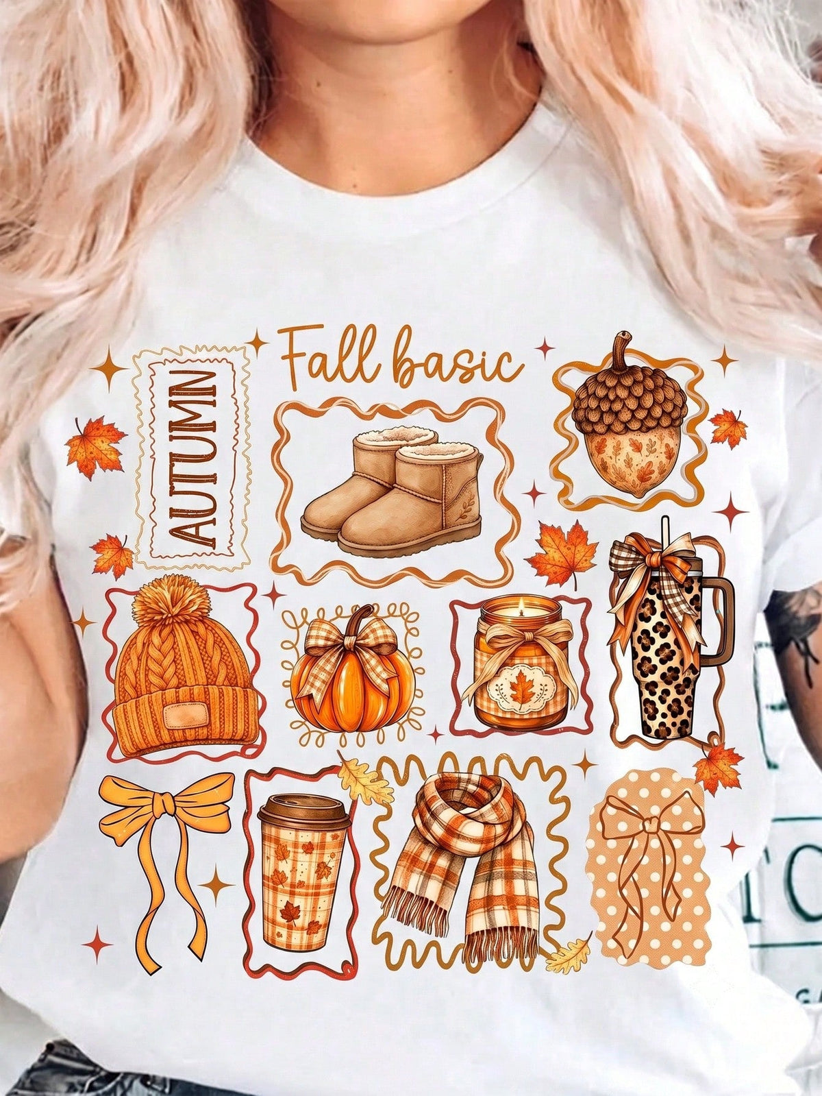 Autumn Fall Lover Casual Short Sleeve Tee, Fall Basic Retro Collage Pumpkin Acorn Leopard Tumbler Fall Season Printed T‑Shirt