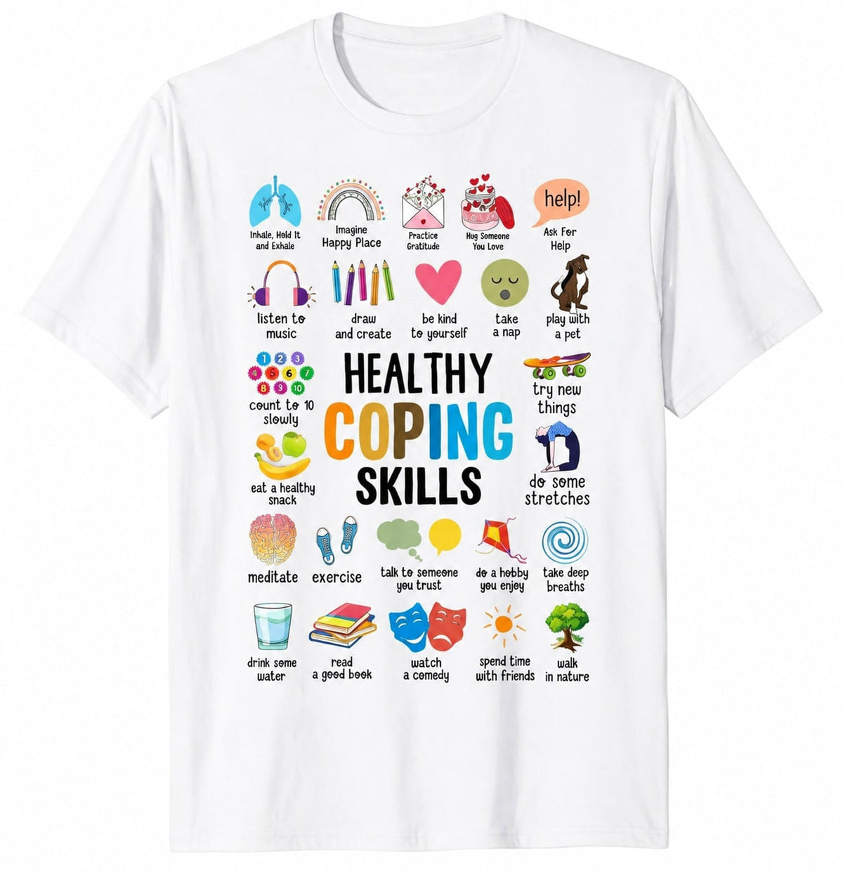 Healthy Coping Skills T‑Shirt, School Counselor Therapist Social Worker Graphic Tee, Mental Health Awareness Casual Short Sleeve Top