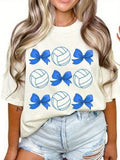 Women's Volleyball Bow T-Shirt - White And Blue Vintage Pattern T-Shirt With Volleyball And Bow Prints Tops