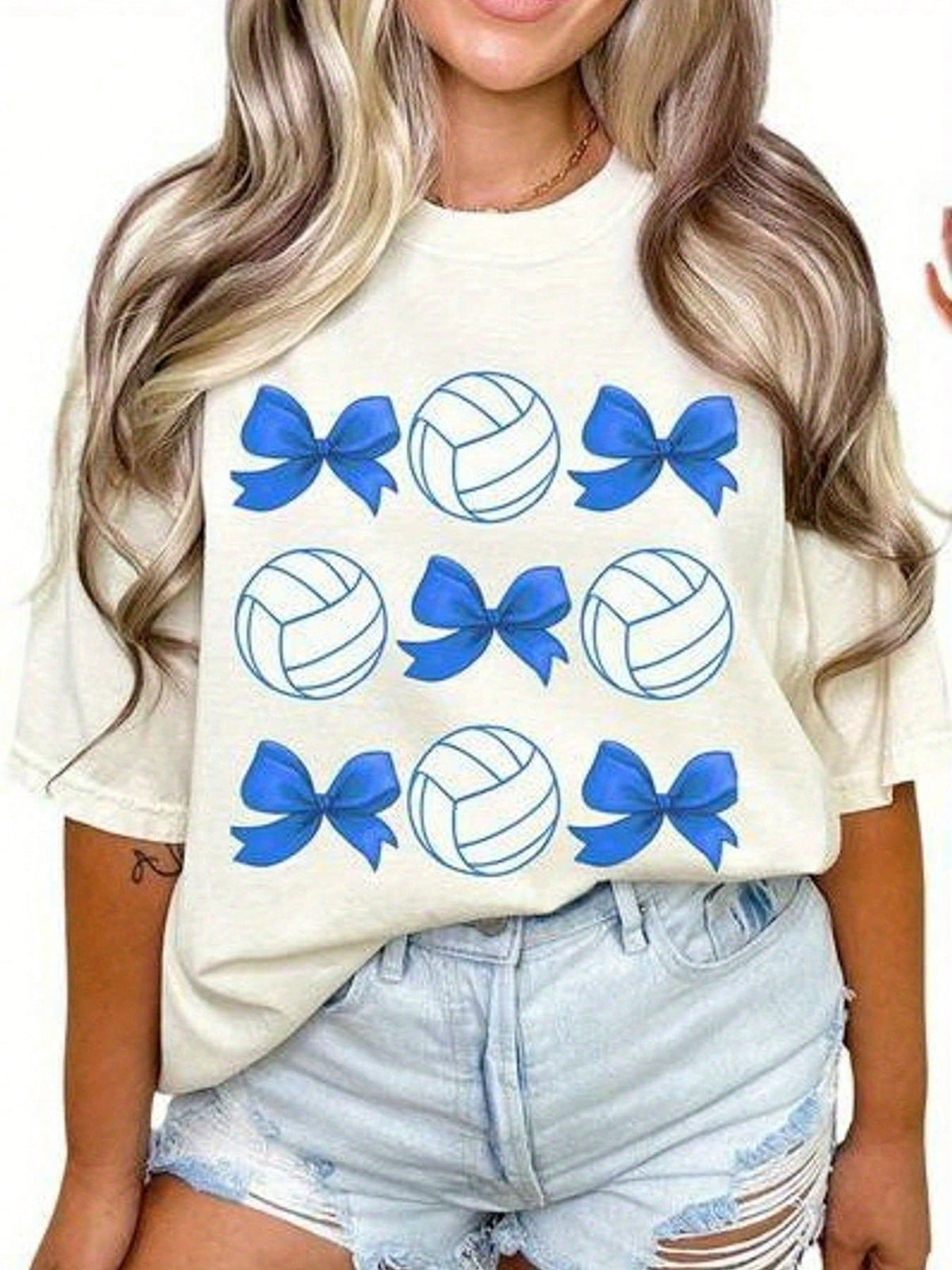 Women's Volleyball Bow T-Shirt - White And Blue Vintage Pattern T-Shirt With Volleyball And Bow Prints Tops