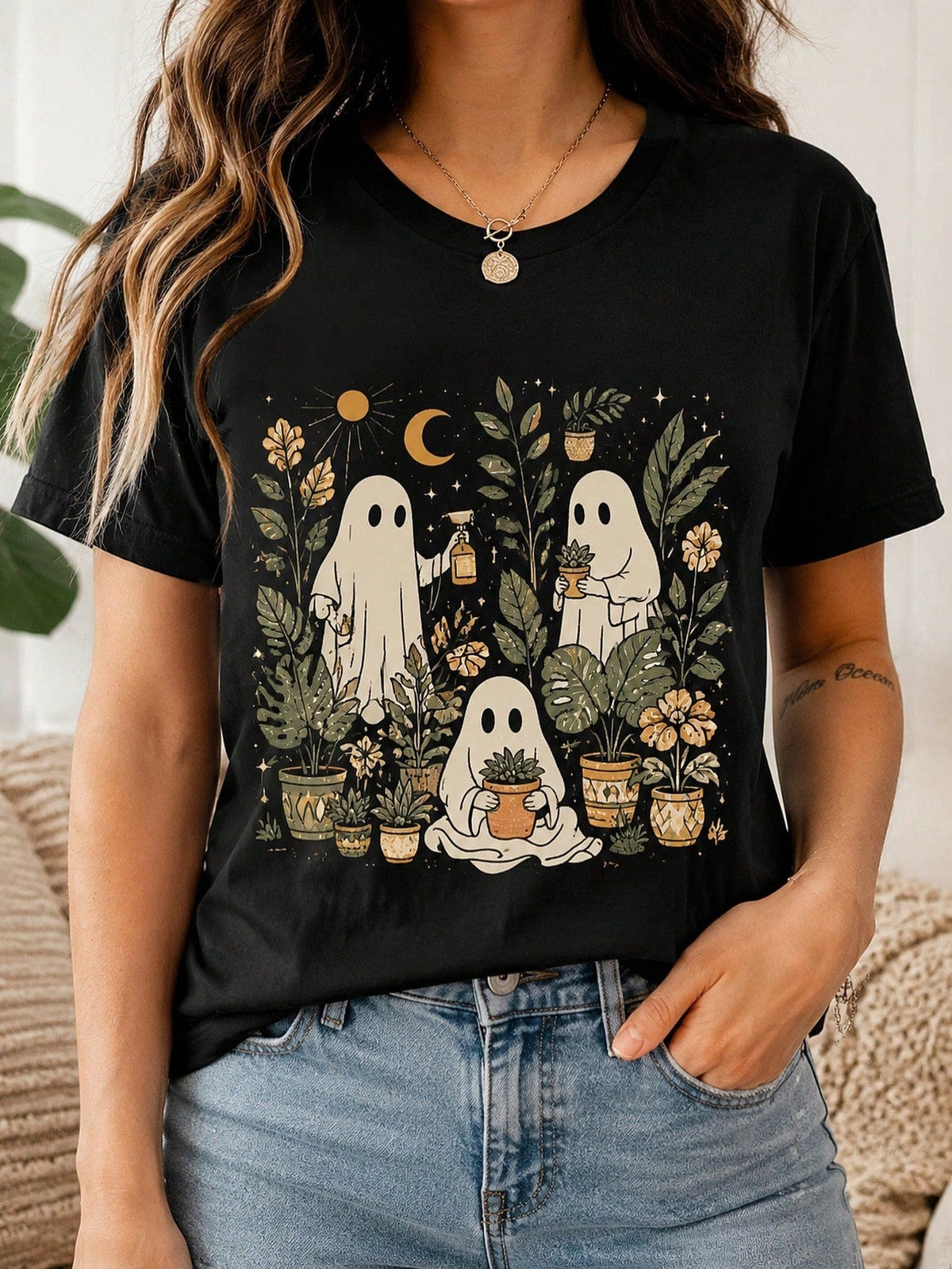 Women's Black T-Shirt, Cute Ghosts Gardening With Plants And Moon Design, Halloween Christmas Hot , Gift For Women Girls Plant Lovers
