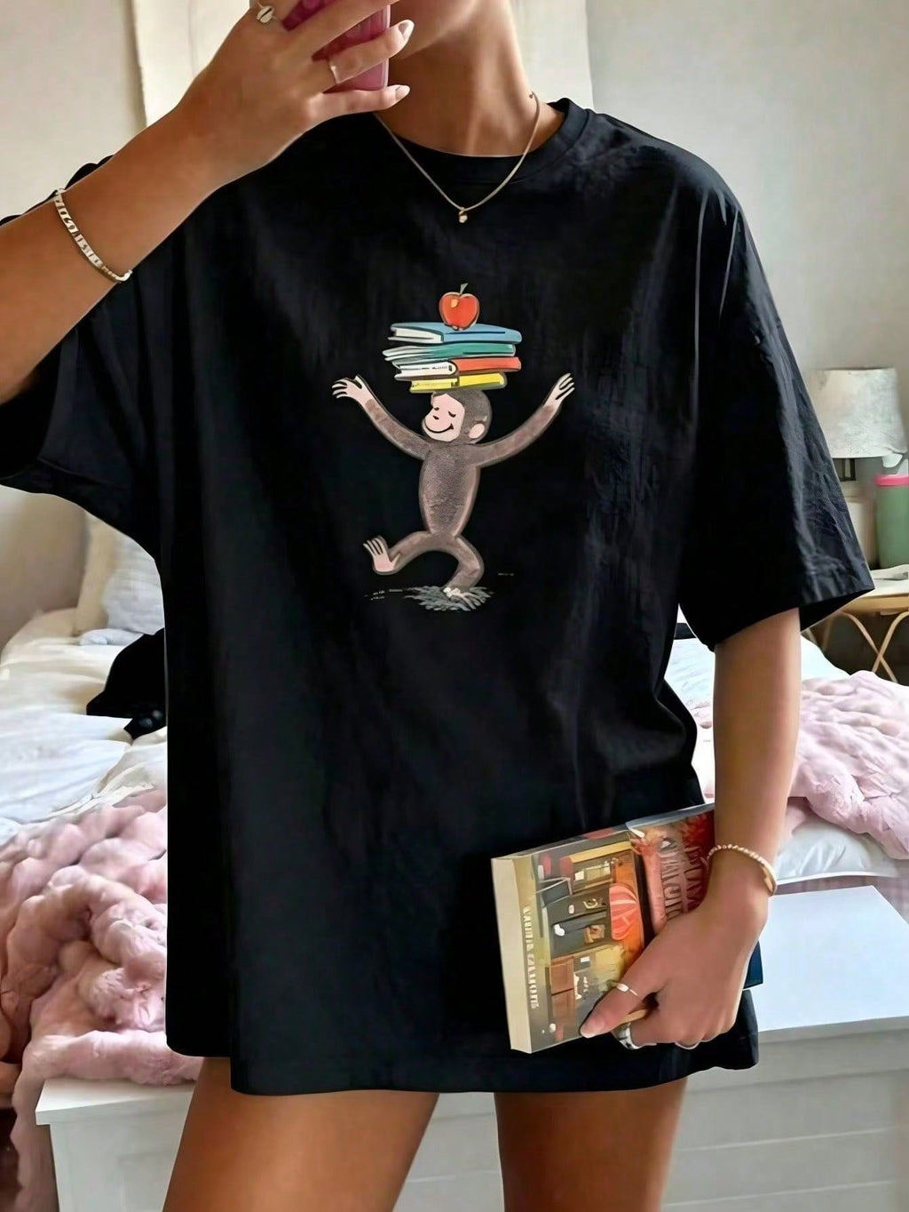 Monkey Teacher T-Shirt, Books and Apple Graphic Tee, Women's Crew Neck Short Sleeve Back to School Casual Top