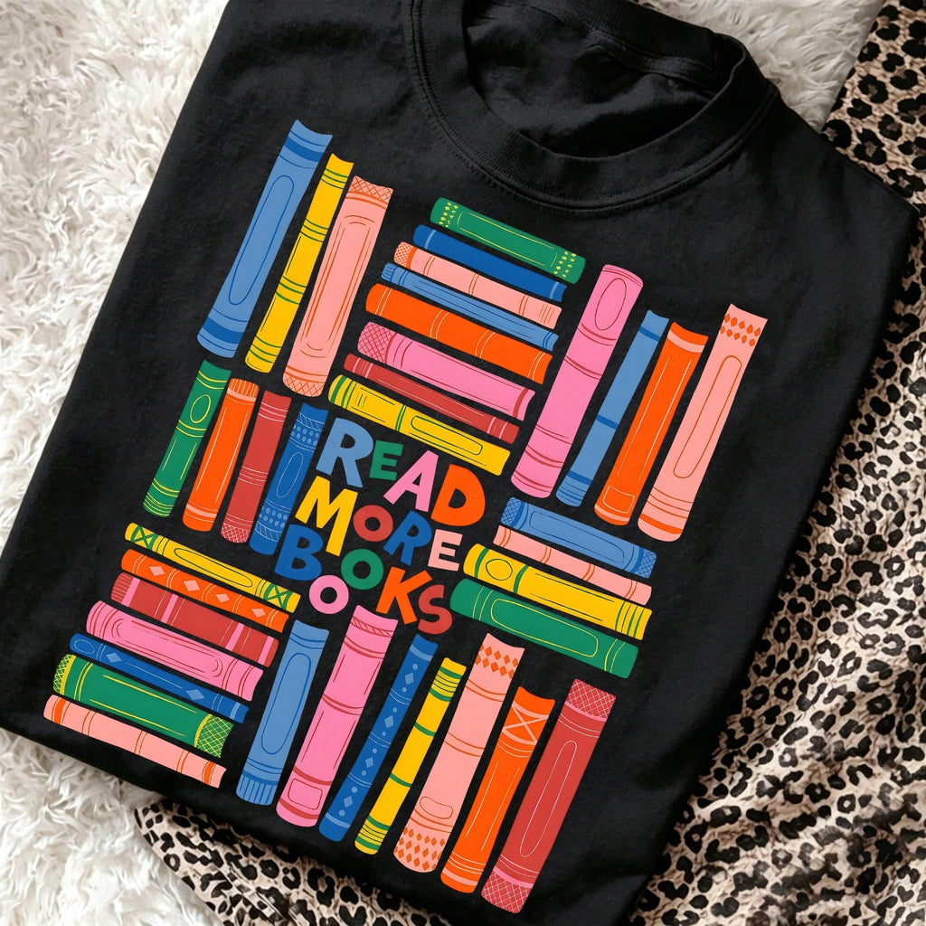 Book Lover T Shirt Women Colorful Stacked Books Graphic Tee Bookish Gift Top Cute Librarian Bookworm Tshirt Aesthetic Loose Fit Drop Shoulder