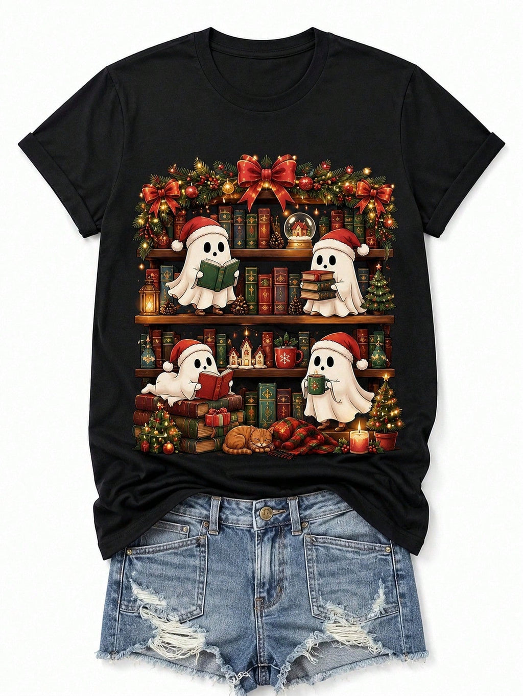 TShirt Cute Ghosts Reading Books On Christmas Bookshelf, Halloween Christmas Hot Gift