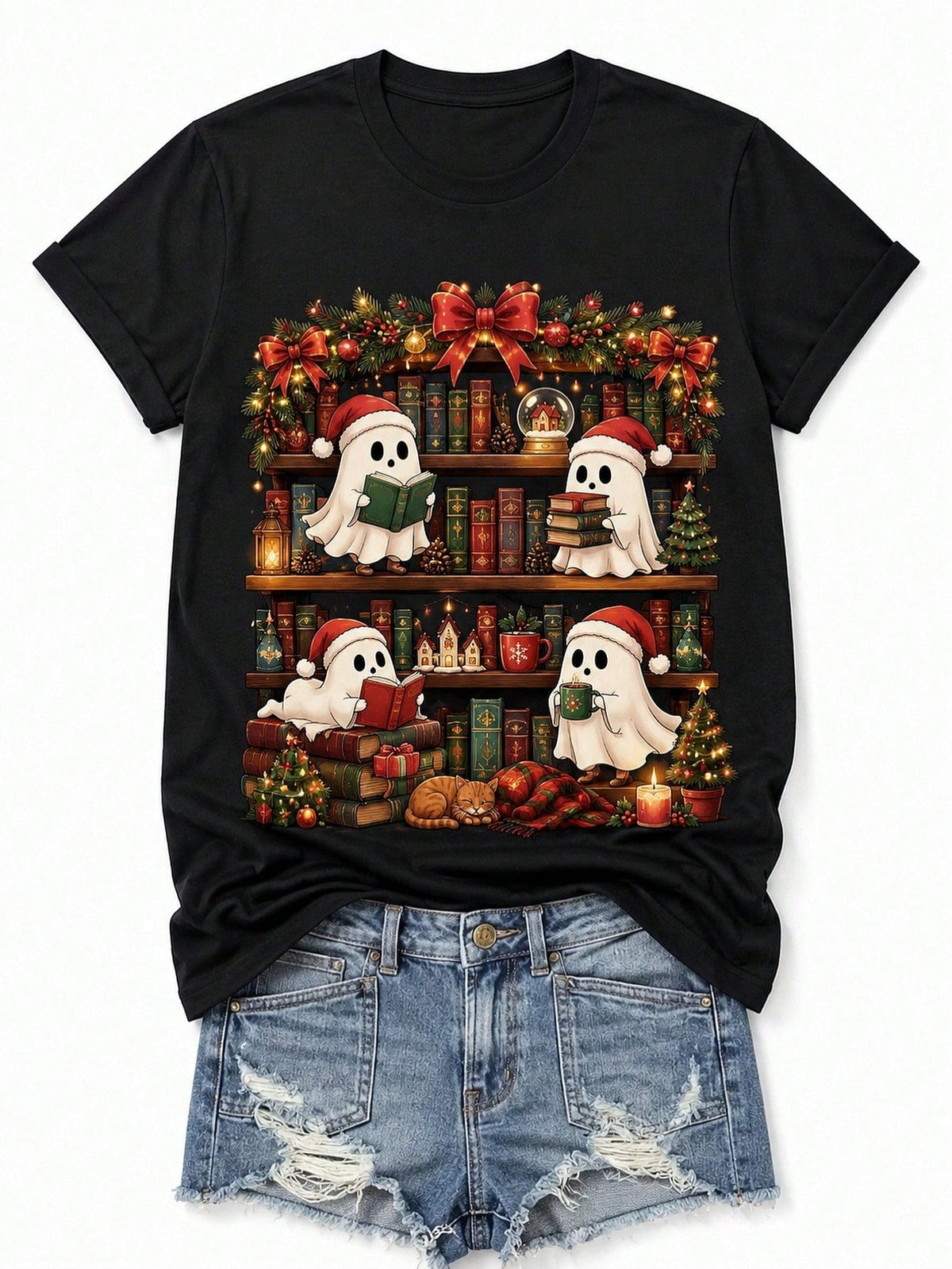 TShirt Cute Ghosts Reading Books On Christmas Bookshelf, Halloween Christmas Hot Gift