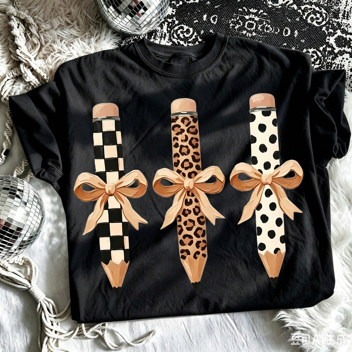 Retro Bow Pencil Graphic Print Short Sleeve T-Shirt