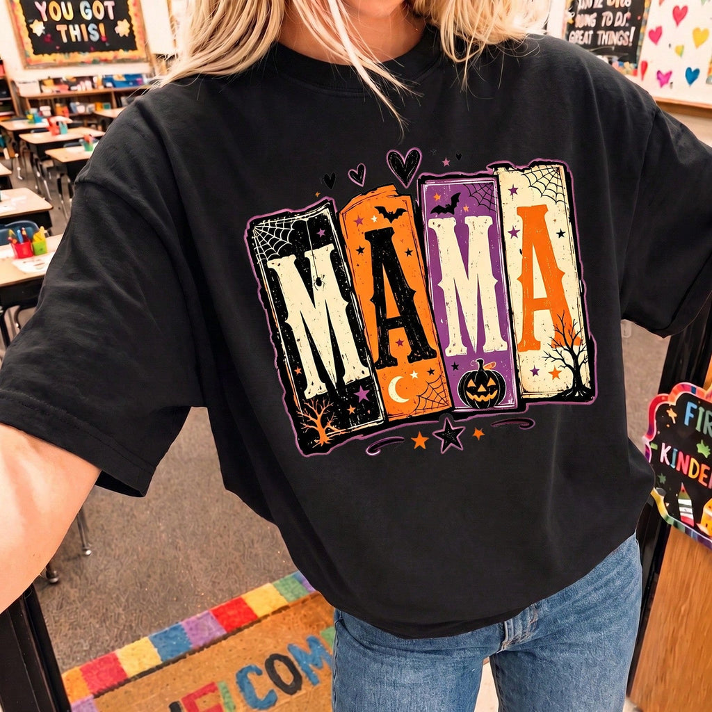 Halloween Mom Theme,Upgraded Print Design, Back To School Season Printed Women's Crew Neck T-Shirt