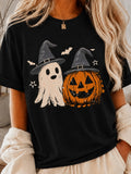 Women's Casual Halloween Pumpkin & Ghost Print Short Sleeve Round Neck T-Shirt For Fall Festival Fun Outfits