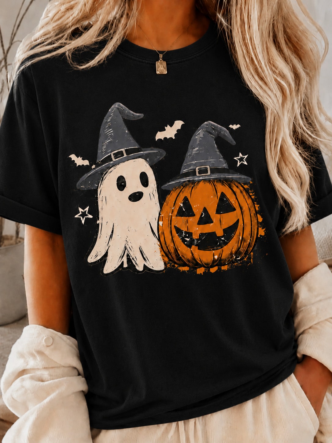 Women's Casual Halloween Pumpkin & Ghost Print Short Sleeve Round Neck T-Shirt For Fall Festival Fun Outfits