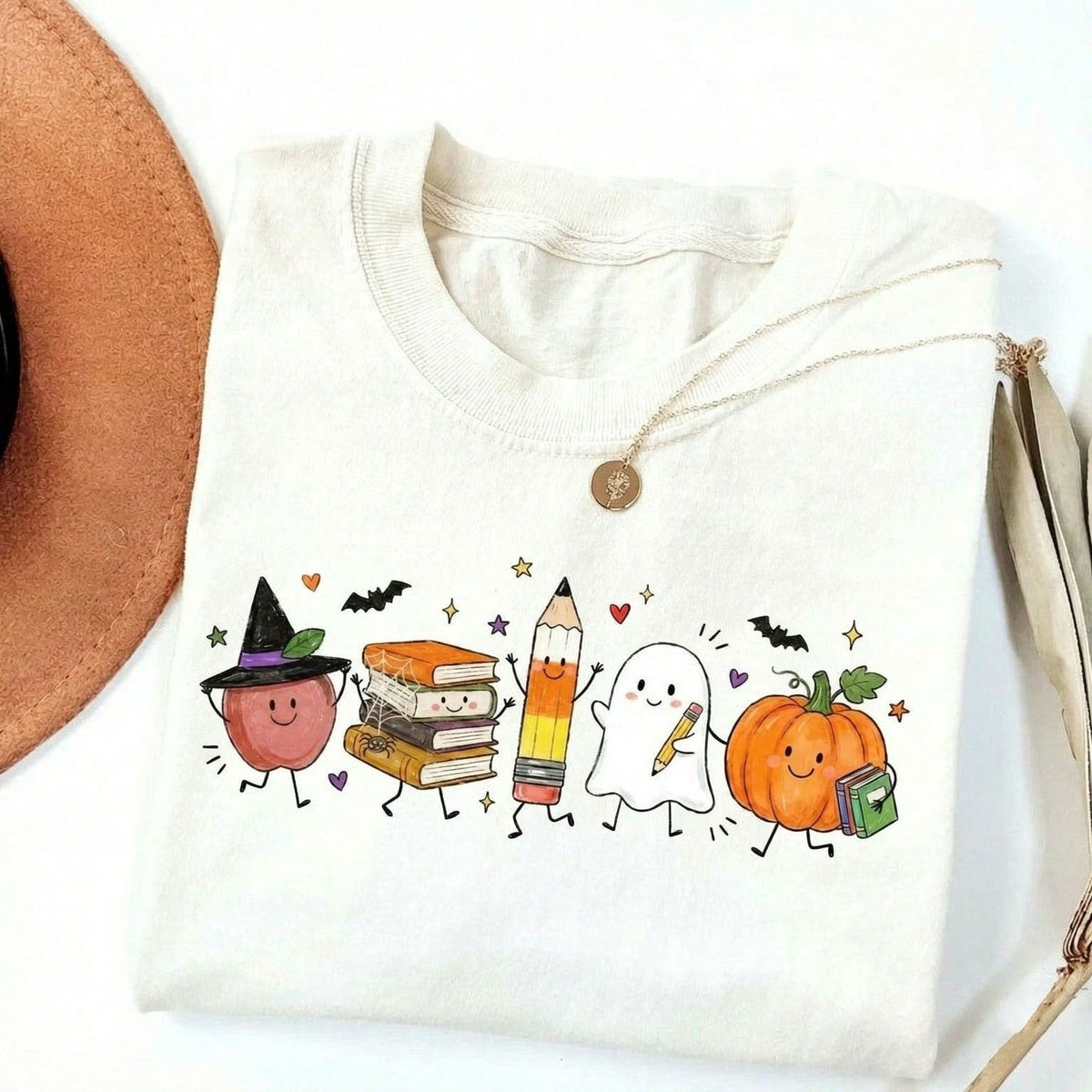 Women's Teacher Halloween Cute Cartoon Classroom Graphic T-Shirt Fall Tops