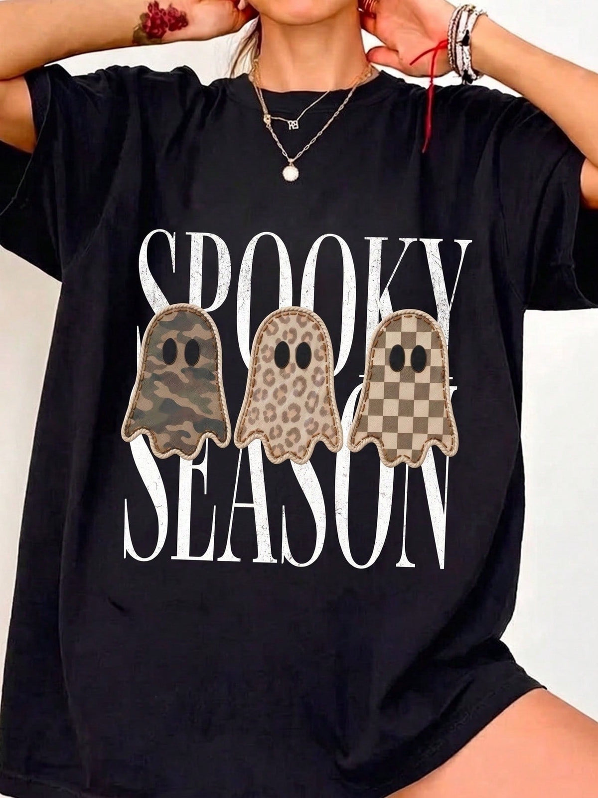 Retro Patchwork Ghost Plaid Ghost Design Autumn Halloween Design，Women Clothing，Women Halloween Tshirts