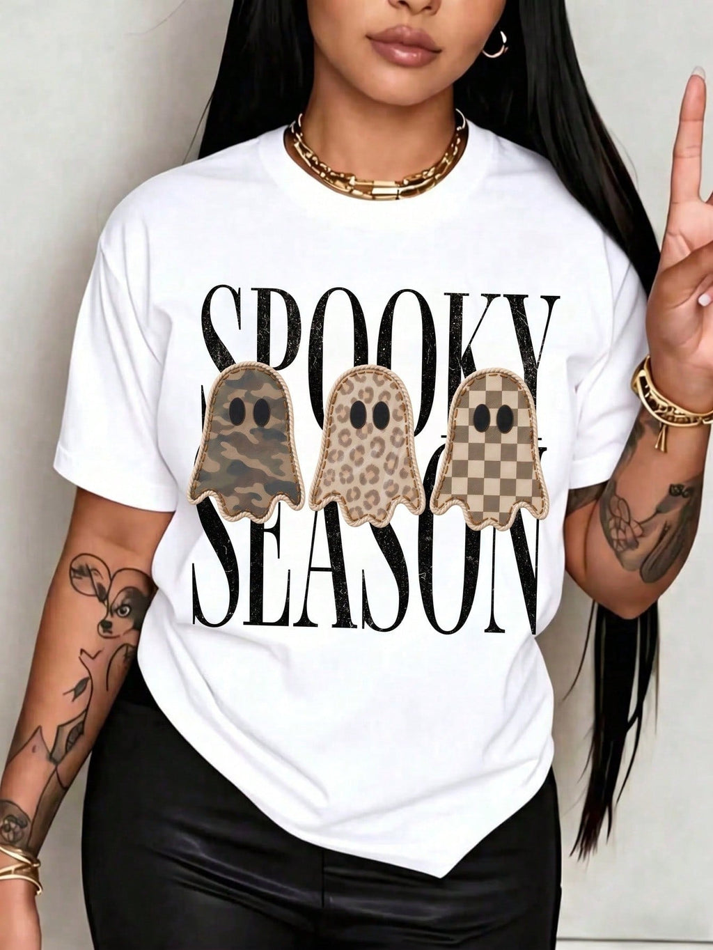 Retro Patchwork Ghost Plaid Ghost Design Autumn Halloween Design，Women Clothing，Women Halloween Tshirts