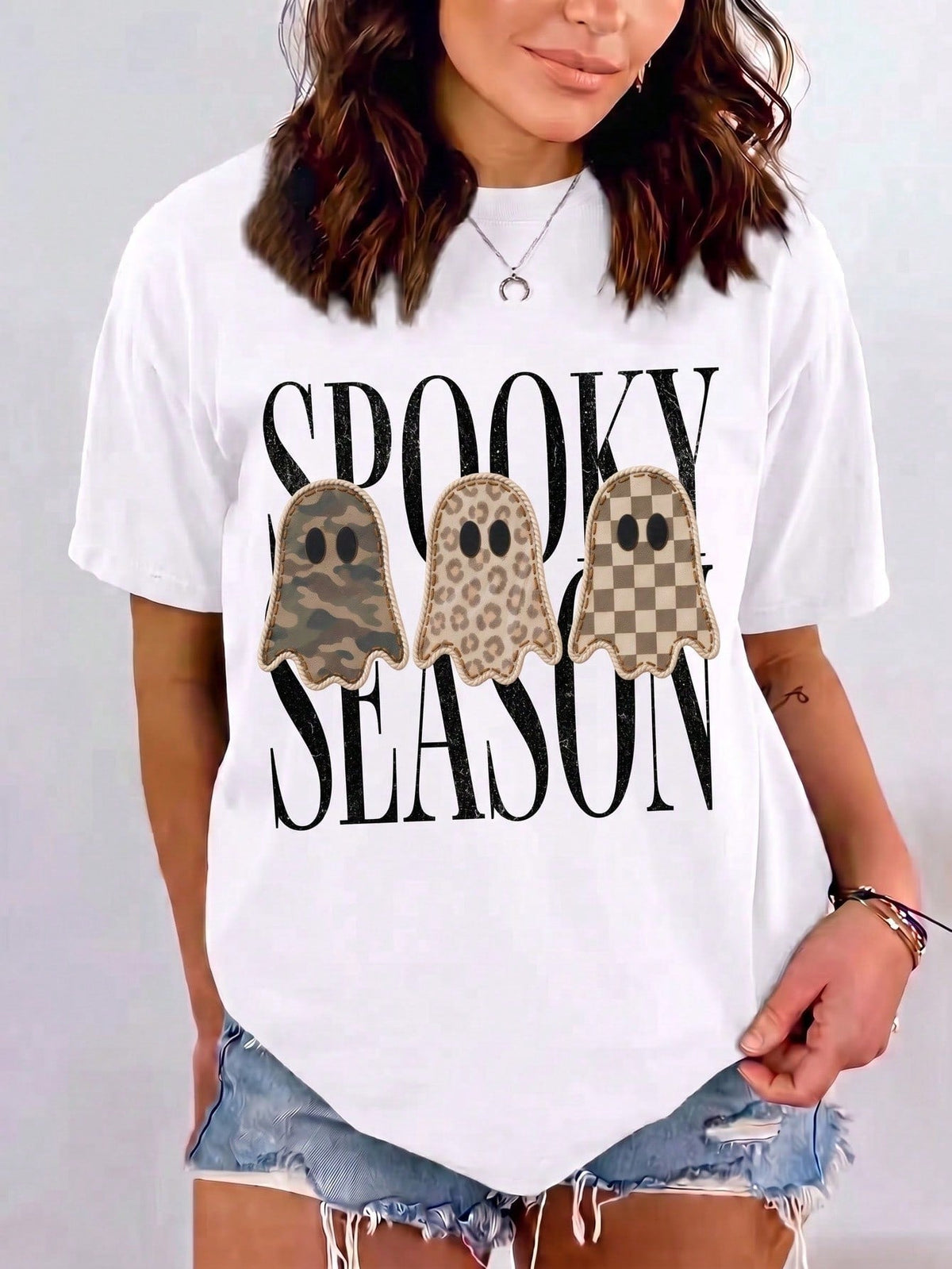 Retro Patchwork Ghost Plaid Ghost Design Autumn Halloween Design，Women Clothing，Women Halloween Tshirts