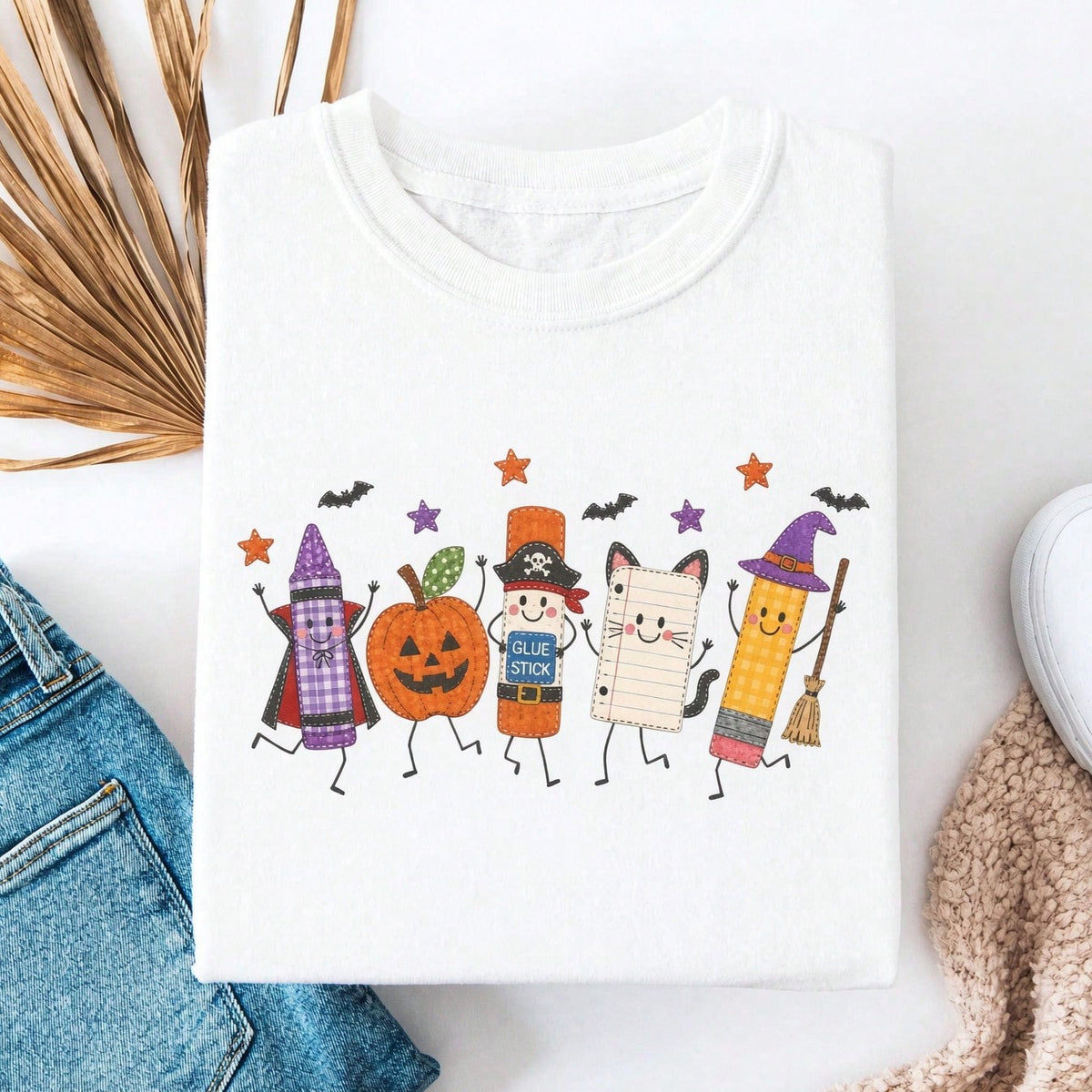 Women Teacher Halloween Cute School Supplies Crayon Pumpkin Glue Stick Pencil Graphic Print Crew Neck Short Sleeve Yellow T-Shirt Fall Top