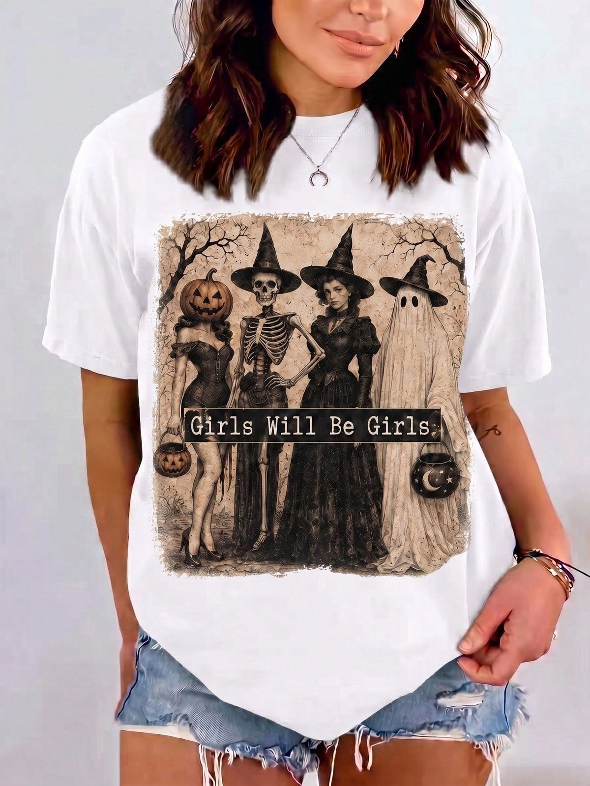 Halloween Spooky Girls Squad, Girls Are Girls, Retro Witch Skull Ghost Pumpkin Headdress Design