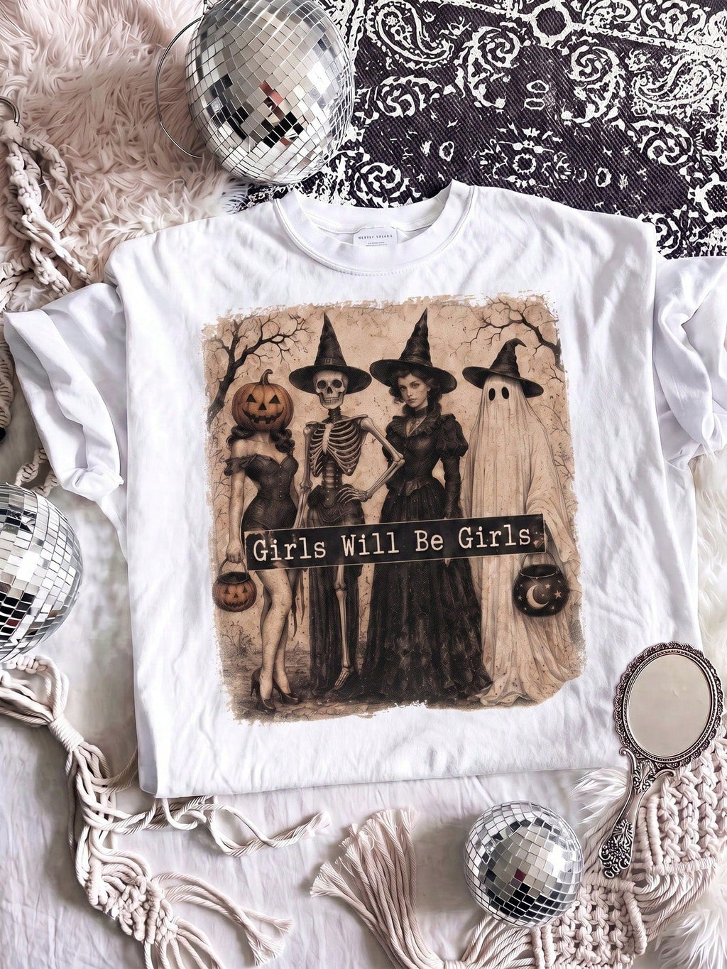 Halloween Spooky Girls Squad, Girls Are Girls, Retro Witch Skull Ghost Pumpkin Headdress Design