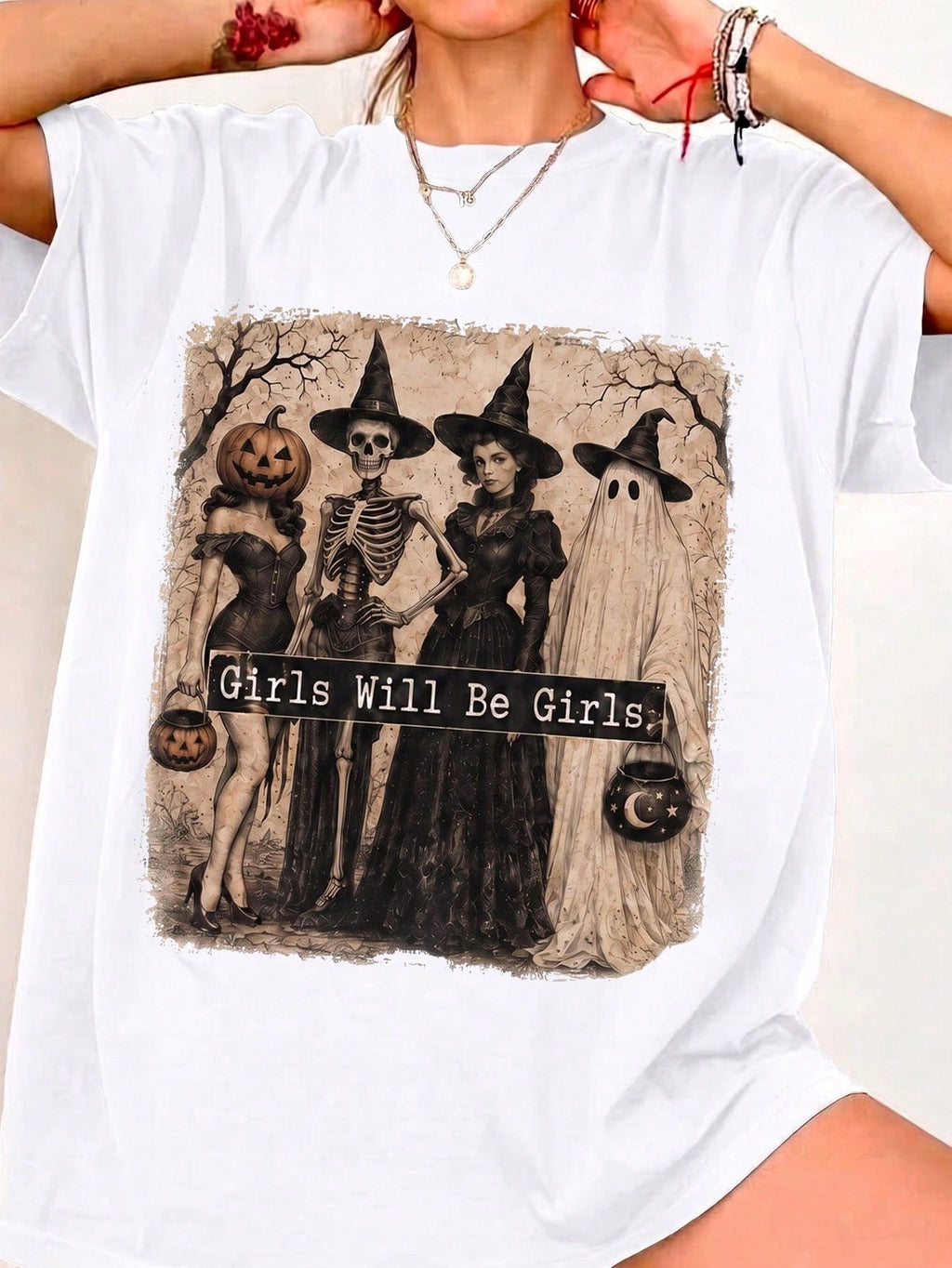 Halloween Spooky Girls Squad, Girls Are Girls, Retro Witch Skull Ghost Pumpkin Headdress Design
