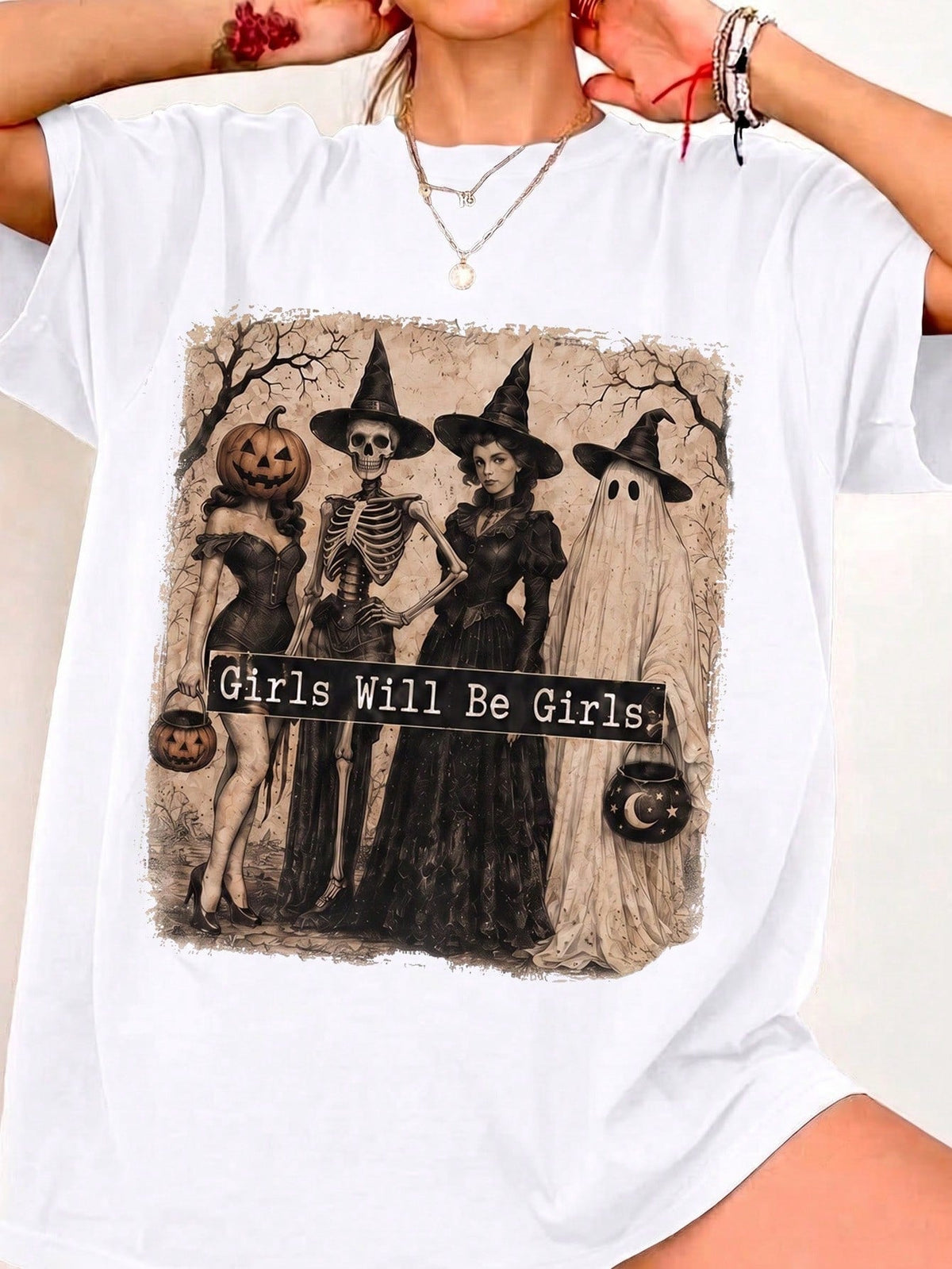 Halloween Spooky Girls Squad, Girls Are Girls, Retro Witch Skull Ghost Pumpkin Headdress Design