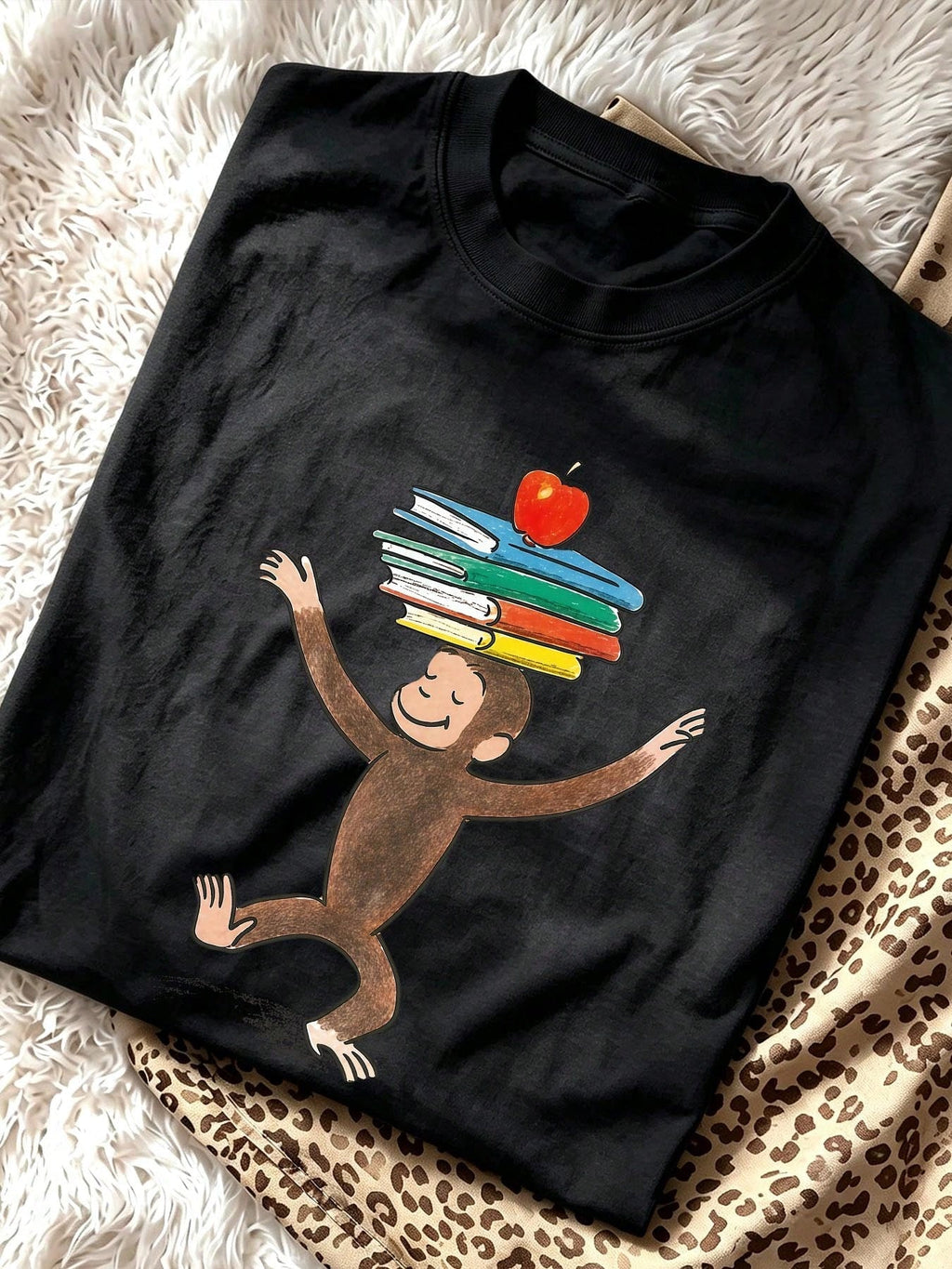 Monkey Teacher T-Shirt, Books and Apple Graphic Tee, Women's Crew Neck Short Sleeve Back to School Casual Top