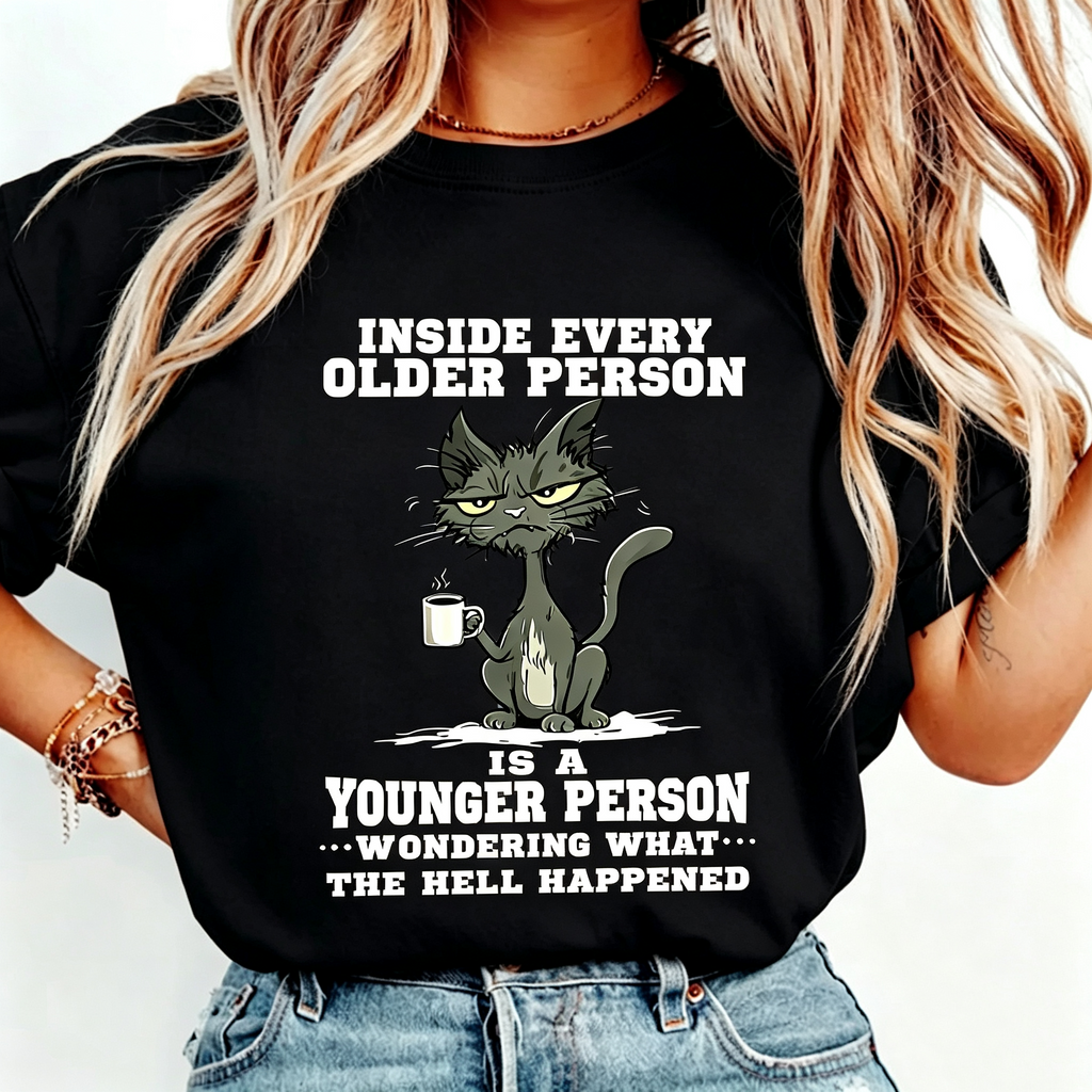 Funny Cat Meme Graphic T‑Shirt, Sarcastic Aging Humor Short‑Sleeve Tee, “Inside Every Older Person Is a Younger Person” Casual Top for Women Men