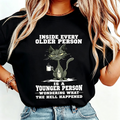 Funny Cat Meme Graphic T‑Shirt, Sarcastic Aging Humor Short‑Sleeve Tee, “Inside Every Older Person Is a Younger Person” Casual Top for Women Men